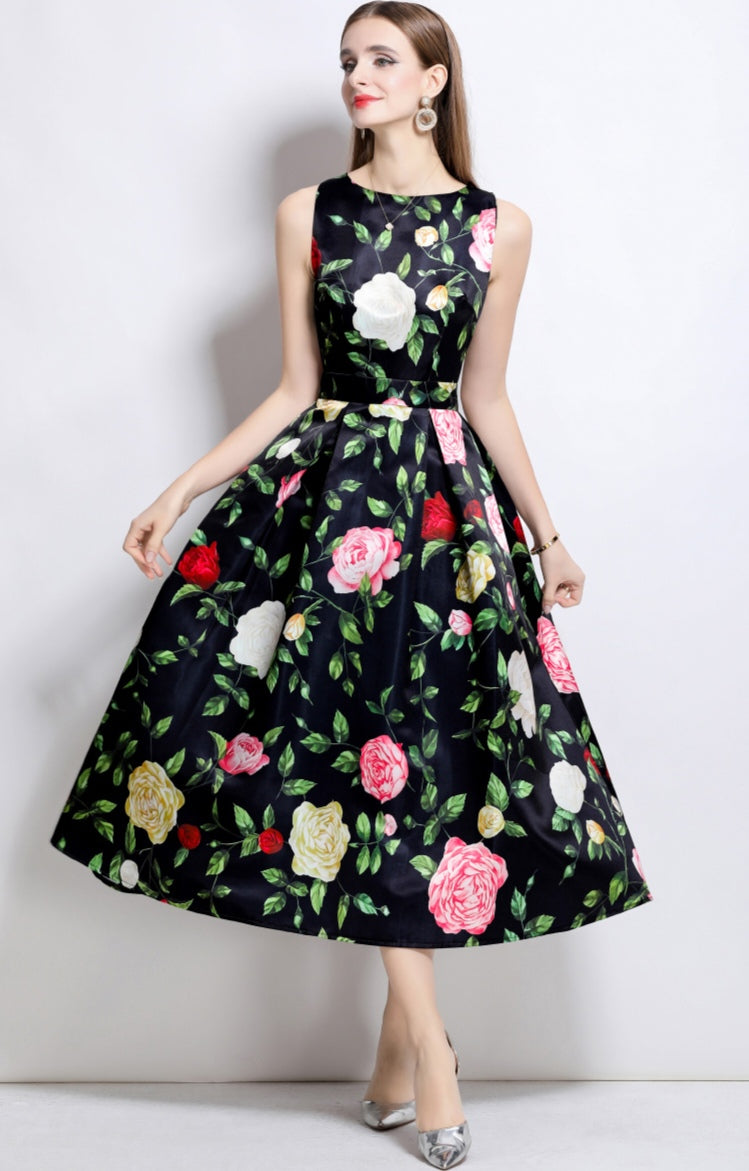 Black Round Neck Floral Sleeveless Mid-length Dress