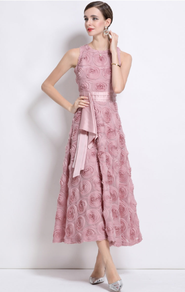 Pink Round Neck Sleeveless Three-dimensional Flower Dress