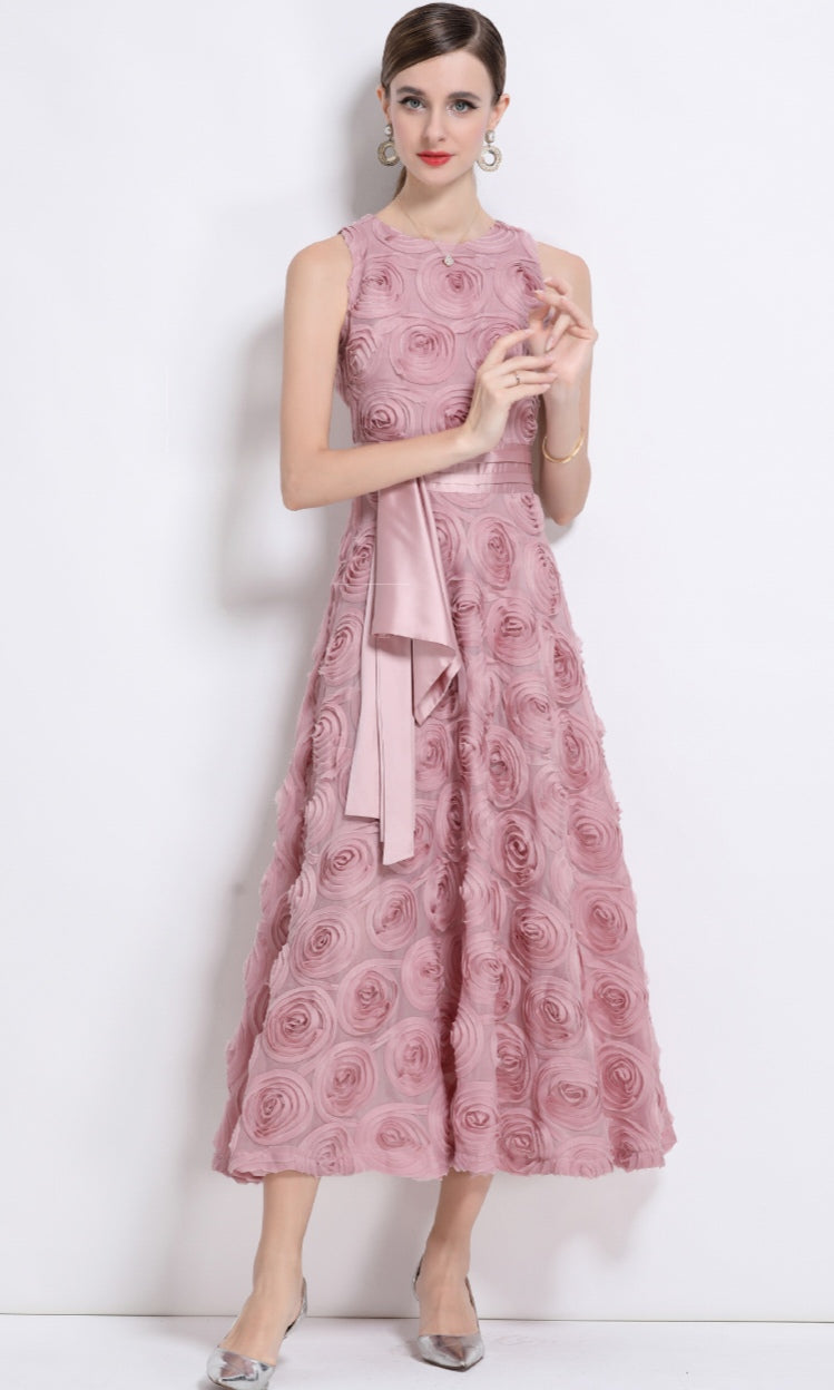 Pink Round Neck Sleeveless Three-dimensional Flower Dress