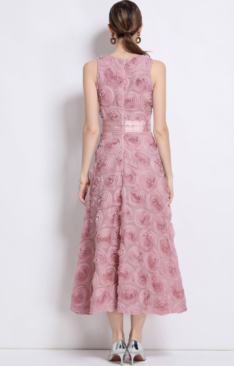 Pink Round Neck Sleeveless Three-dimensional Flower Dress