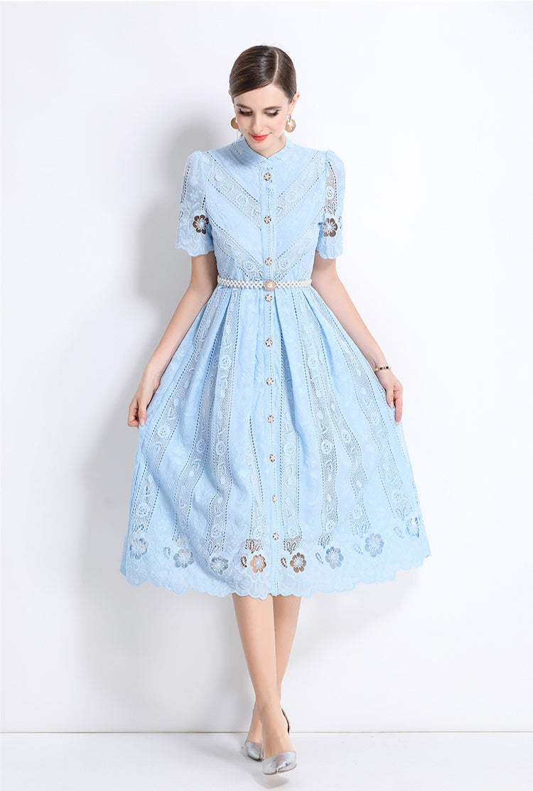 Light Blue Hollow Embroidery Dress