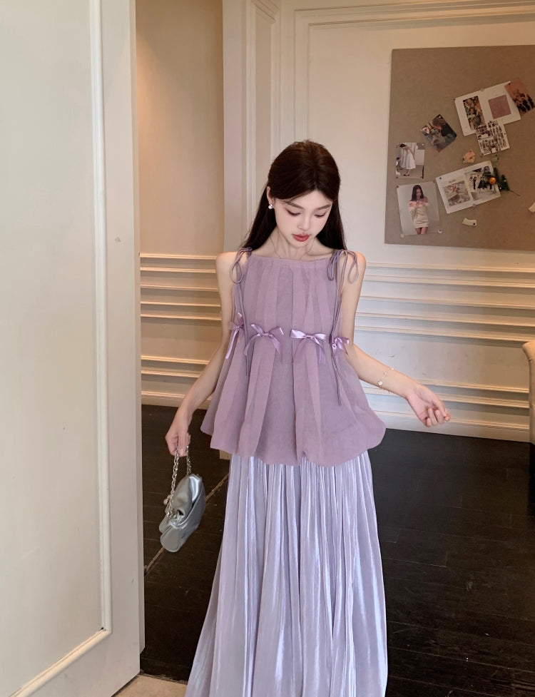 Romantic Lilac Ruffle Peplum Top with Full Pleated Skirt
