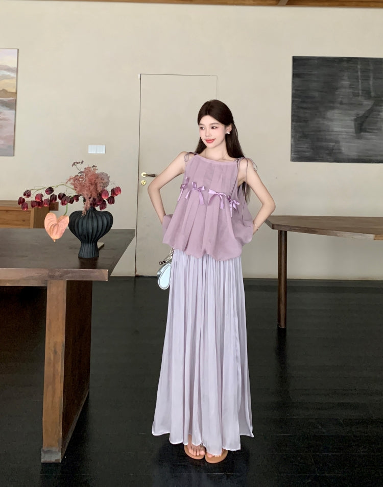 Romantic Lilac Ruffle Peplum Top with Full Pleated Skirt