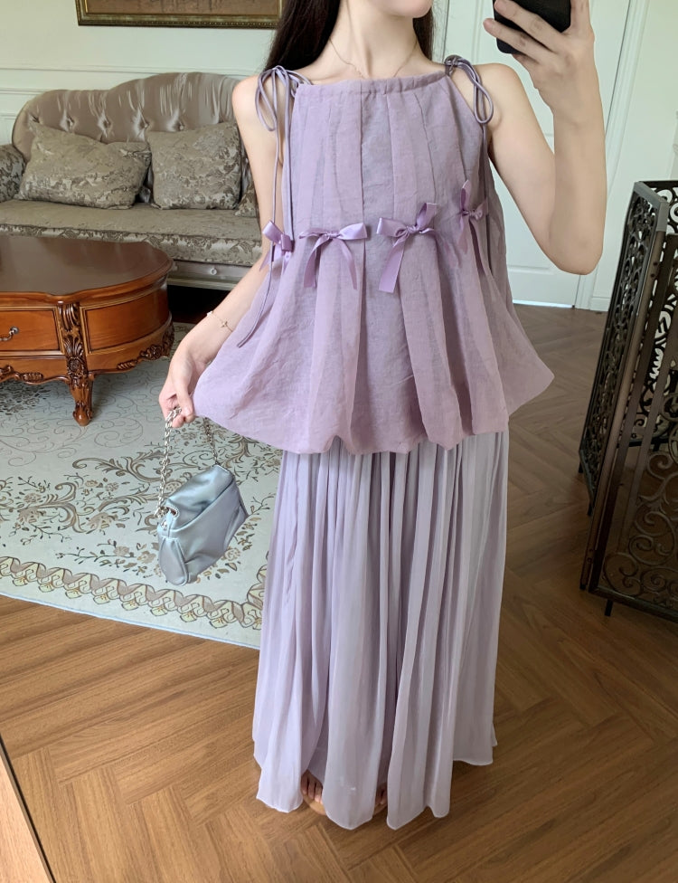 Romantic Lilac Ruffle Peplum Top with Full Pleated Skirt