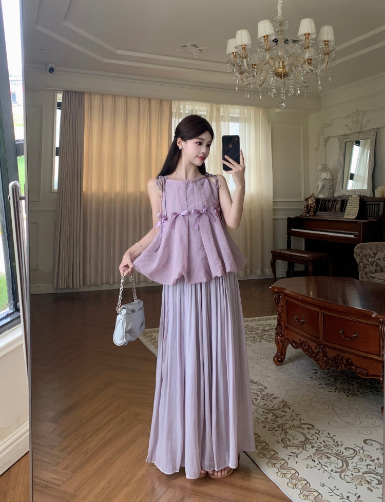 Romantic Lilac Ruffle Peplum Top with Full Pleated Skirt