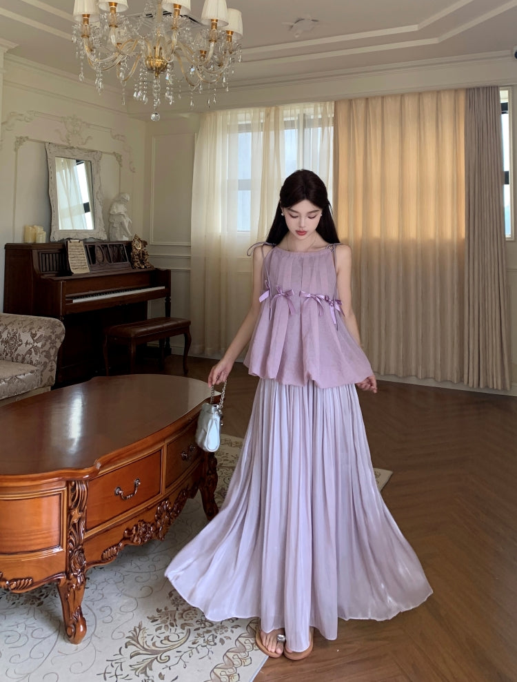 Romantic Lilac Ruffle Peplum Top with Full Pleated Skirt
