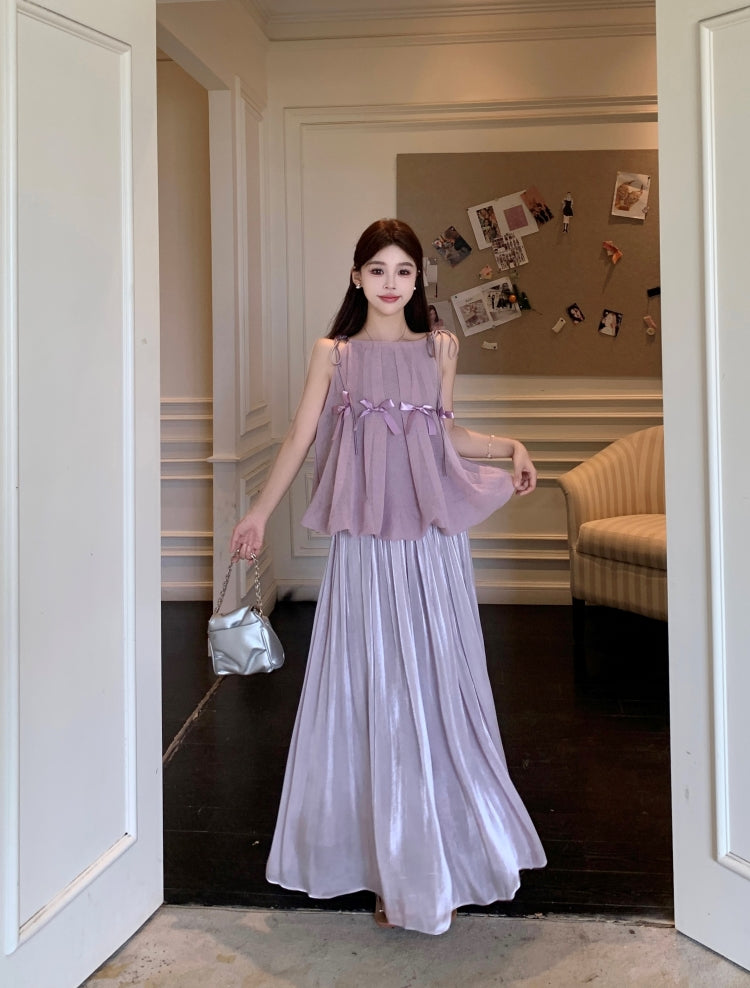 Romantic Lilac Ruffle Peplum Top with Full Pleated Skirt