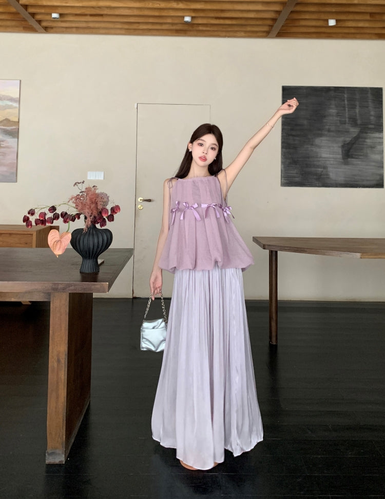Romantic Lilac Ruffle Peplum Top with Full Pleated Skirt