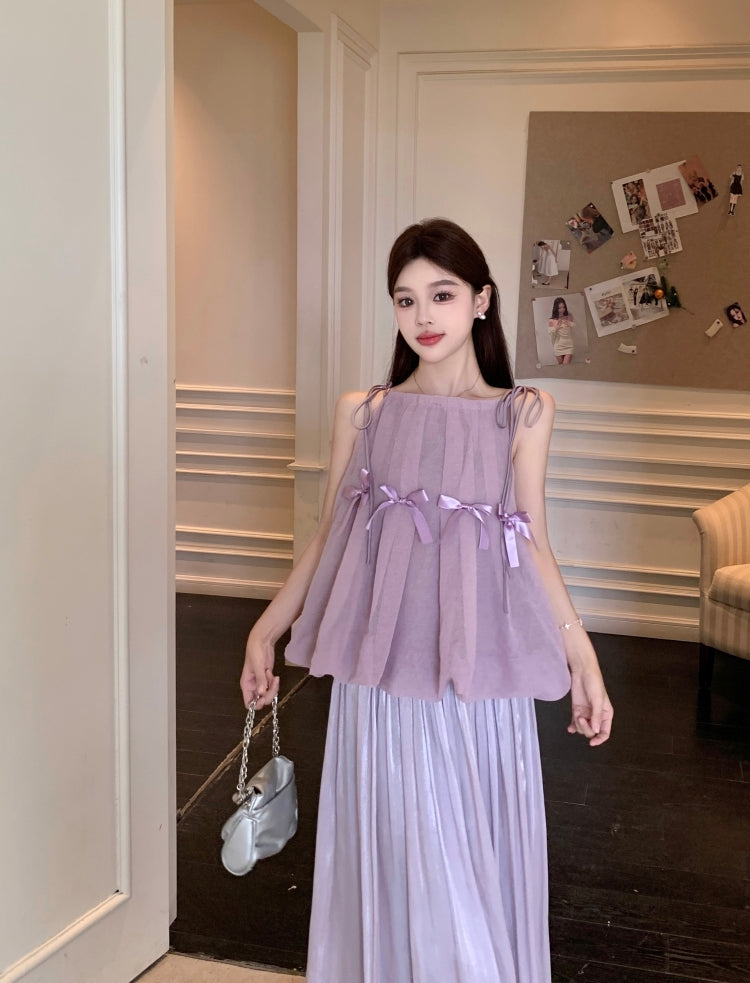 Romantic Lilac Ruffle Peplum Top with Full Pleated Skirt