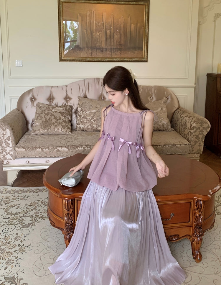 Romantic Lilac Ruffle Peplum Top with Full Pleated Skirt