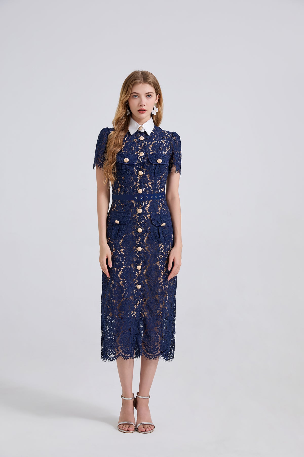Navy Blue Lace Mid-length Dress