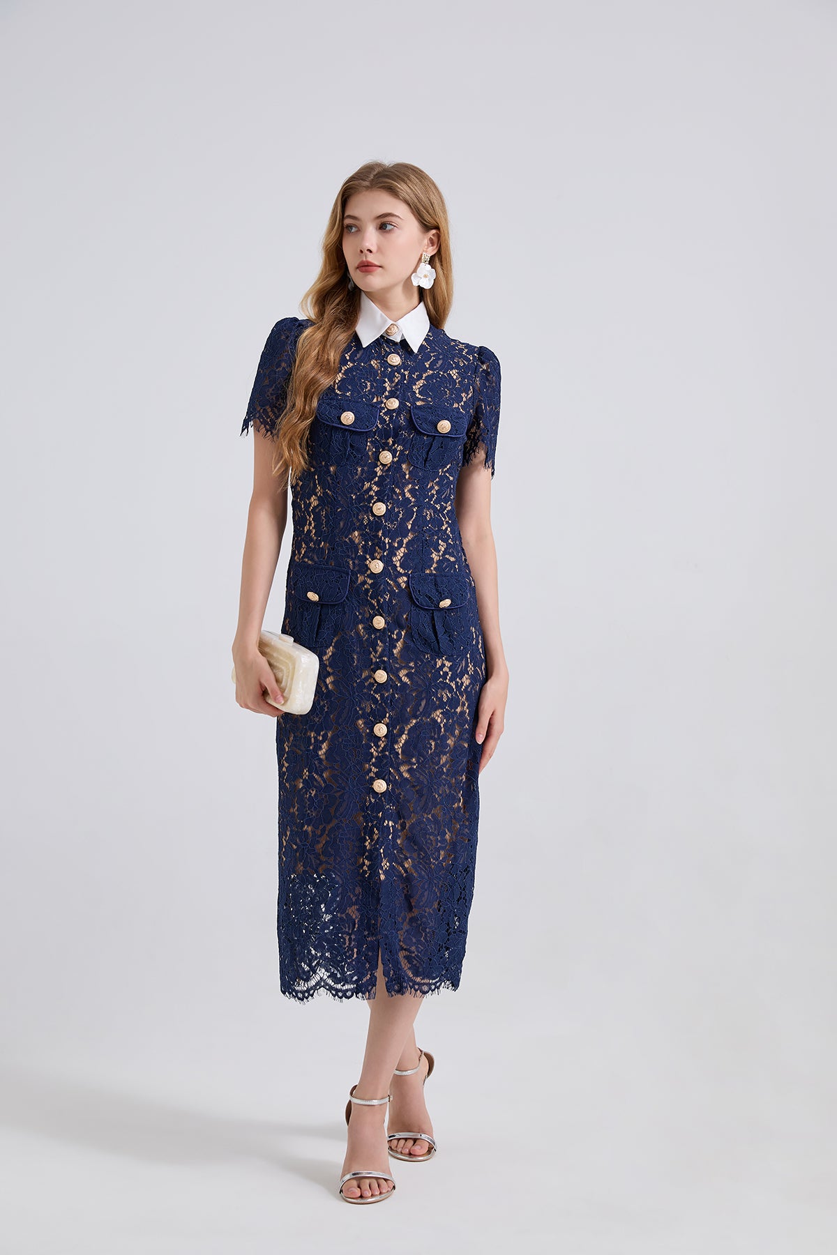 Navy Blue Lace Mid-length Dress