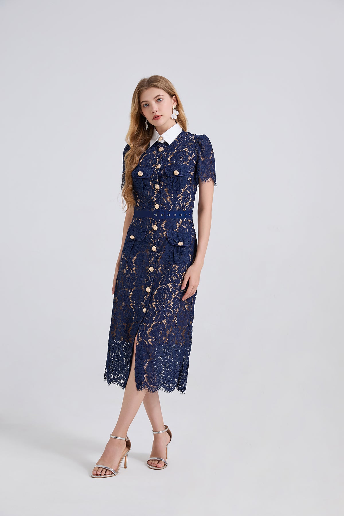 Navy Blue Lace Mid-length Dress