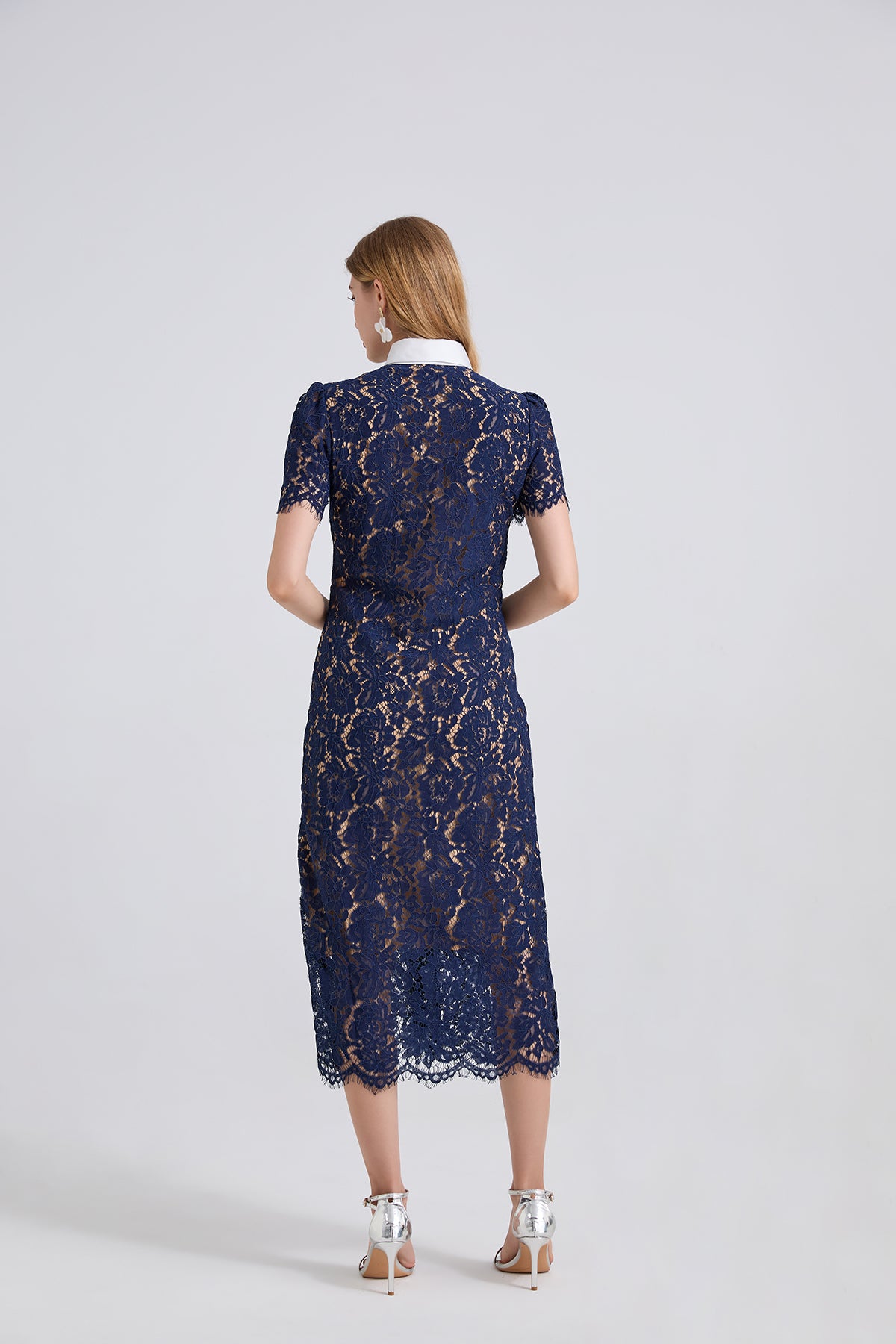 Navy Blue Lace Mid-length Dress