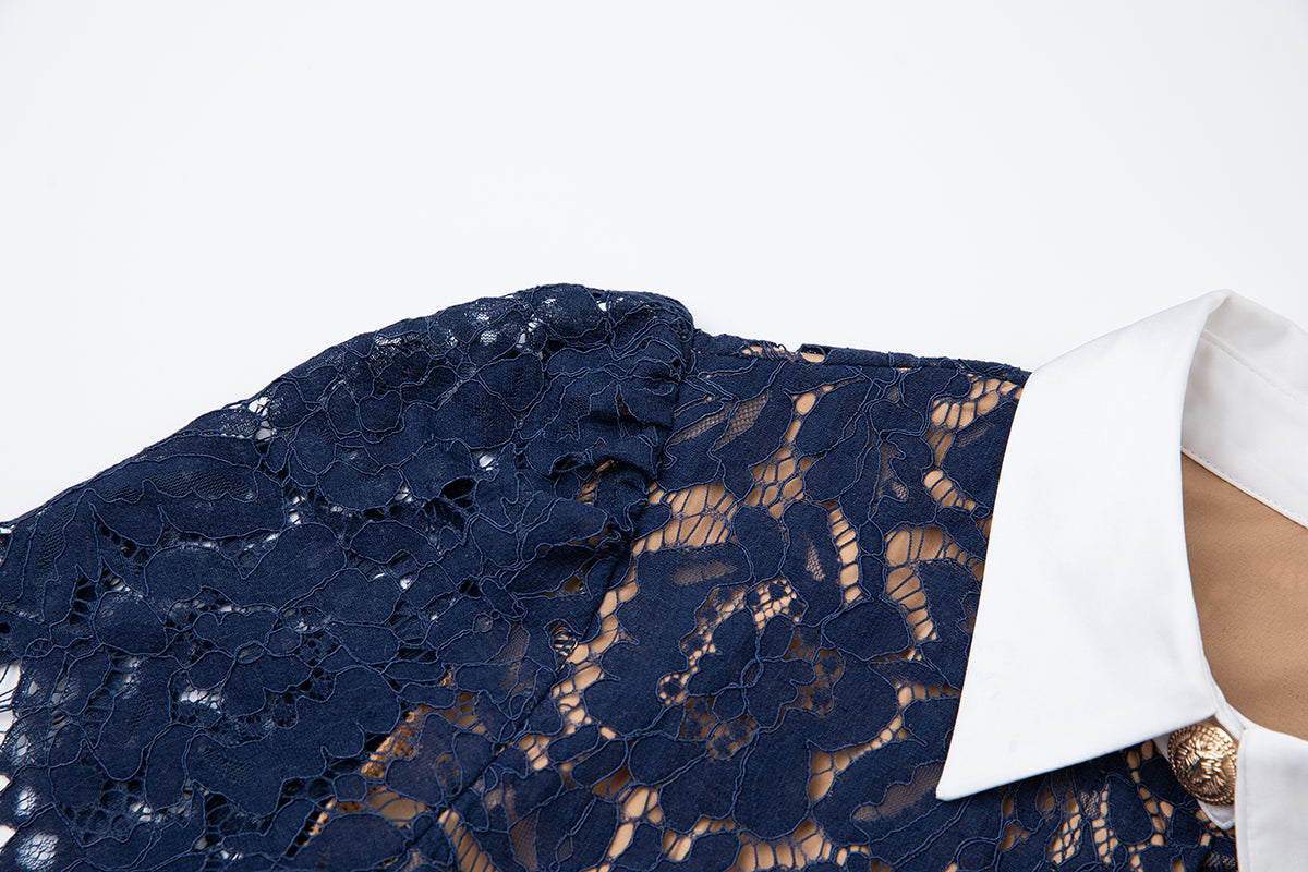 Navy Blue Lace Mid-length Dress