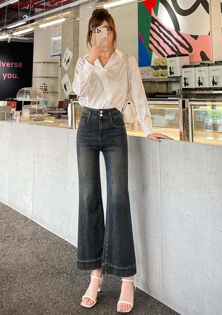 High-Waist Dark Wash Cropped Flared Jeans