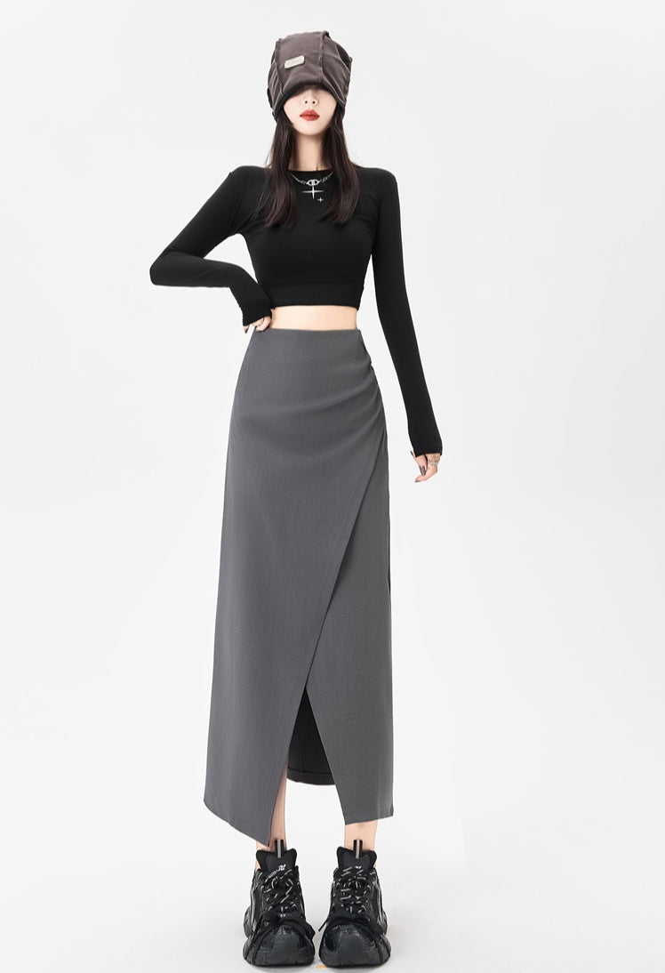 High Waist Irregular Pleated Slit Skirt