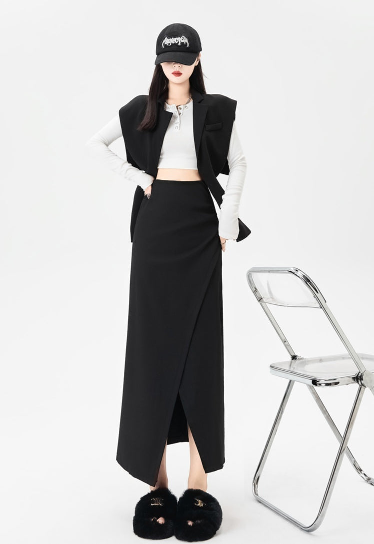 High Waist Irregular Pleated Slit Skirt