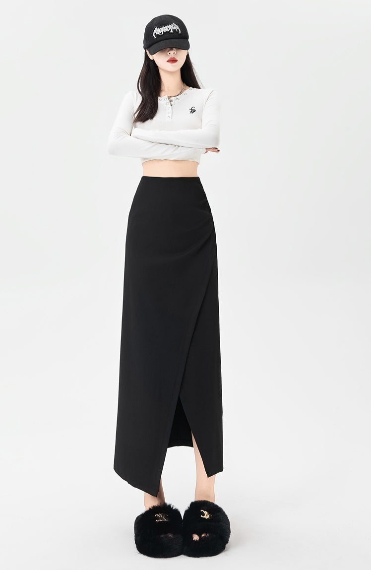 High Waist Irregular Pleated Slit Skirt