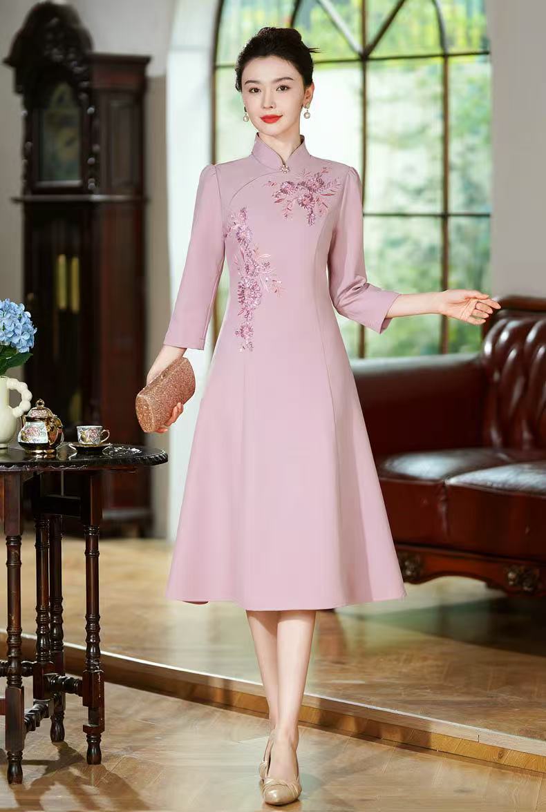 Chinese Qipao Dress with Floral Embroidery