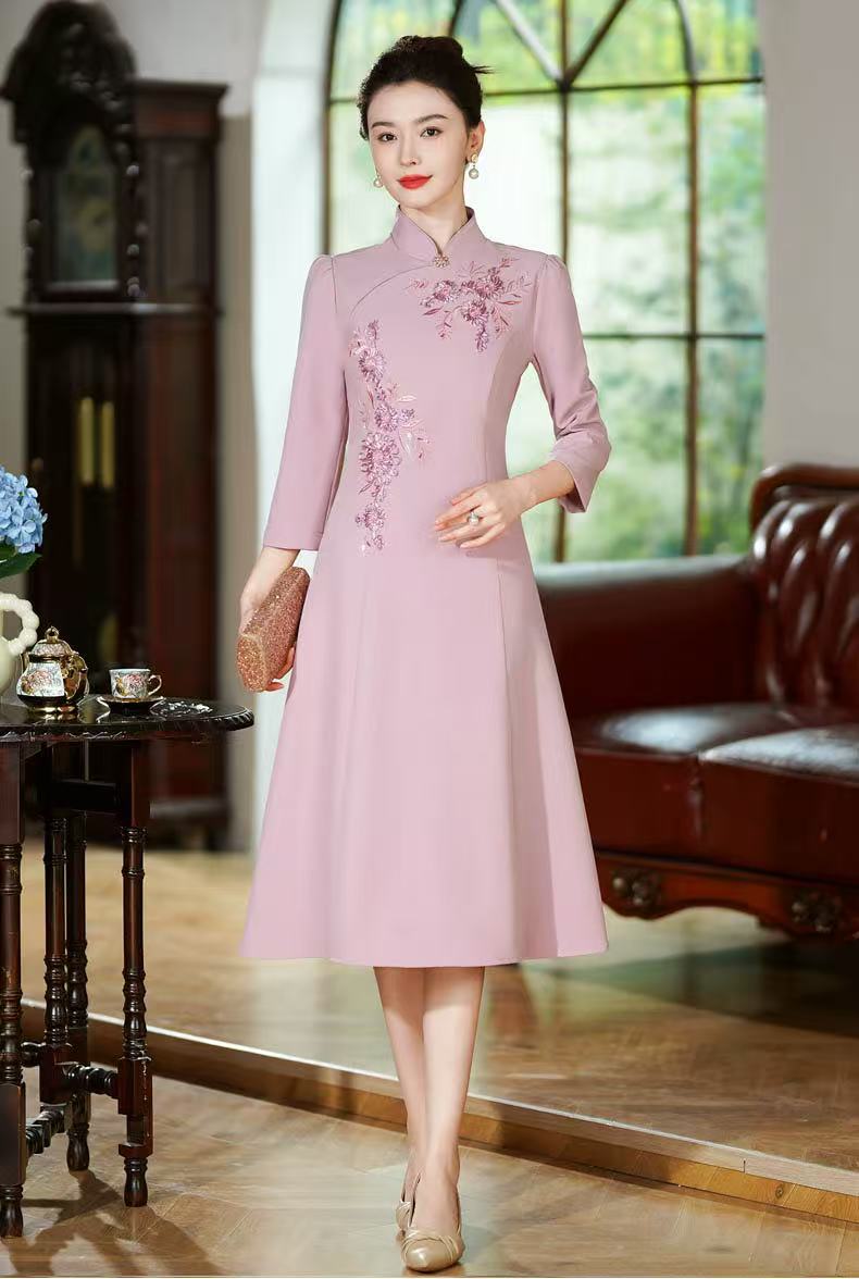 Chinese Qipao Dress with Floral Embroidery