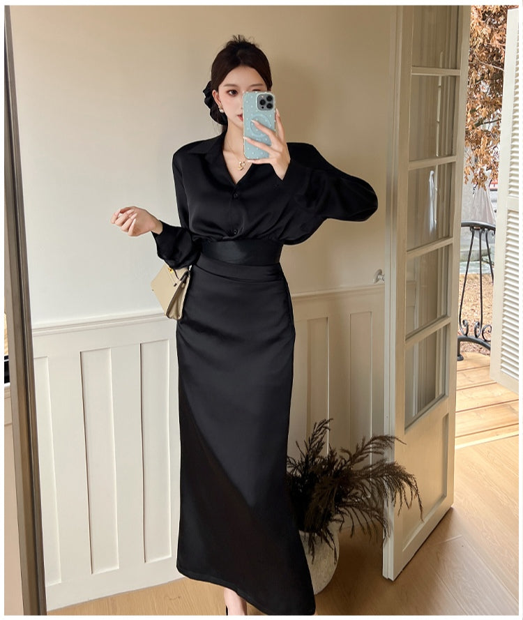 Black High Waisted Satin Skirt and Blouse Set