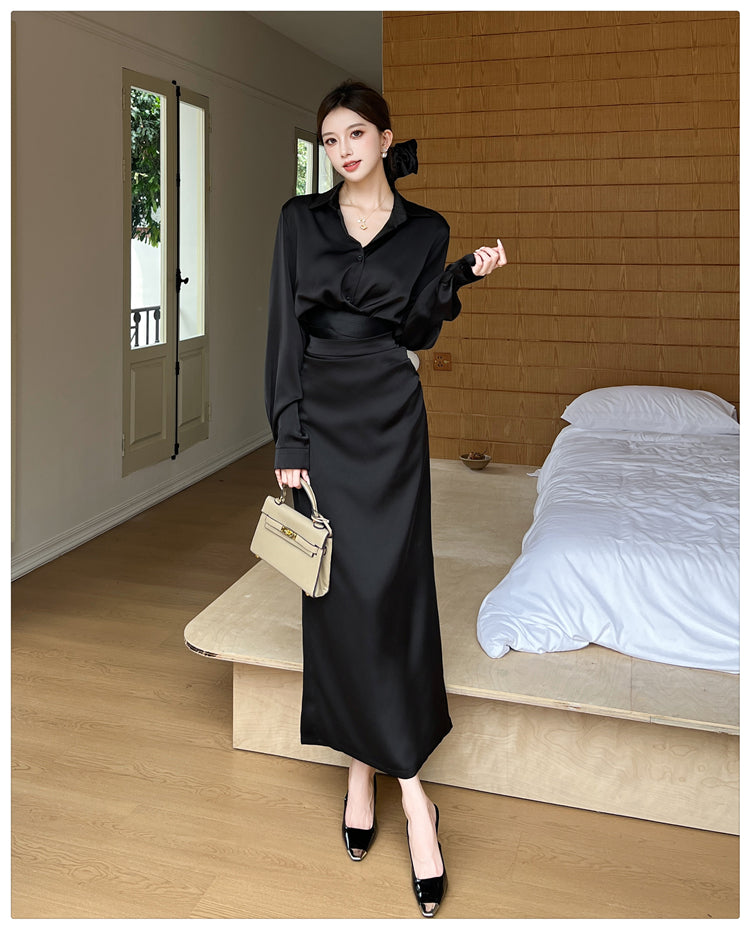 Black High Waisted Satin Skirt and Blouse Set