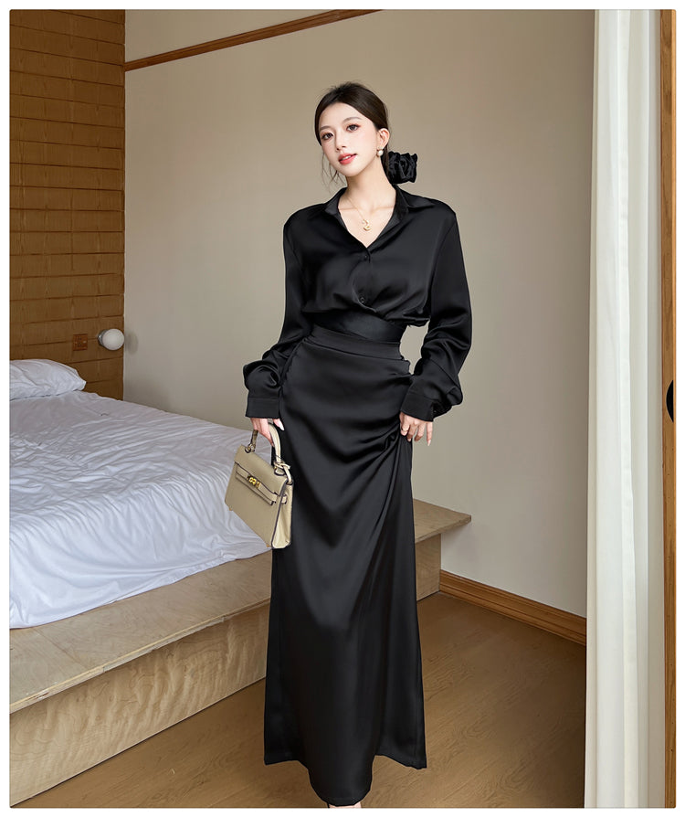 Black High Waisted Satin Skirt and Blouse Set
