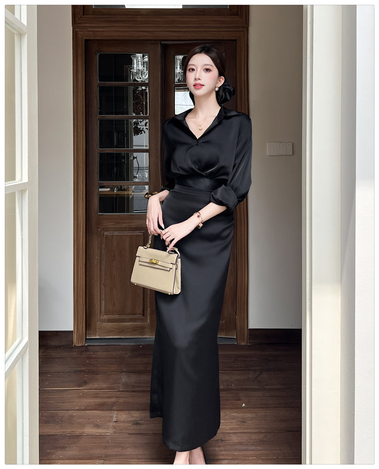 Black High Waisted Satin Skirt and Blouse Set