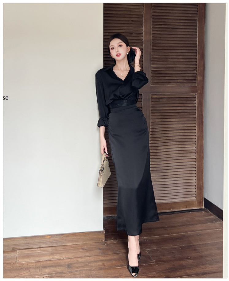 Black High Waisted Satin Skirt and Blouse Set