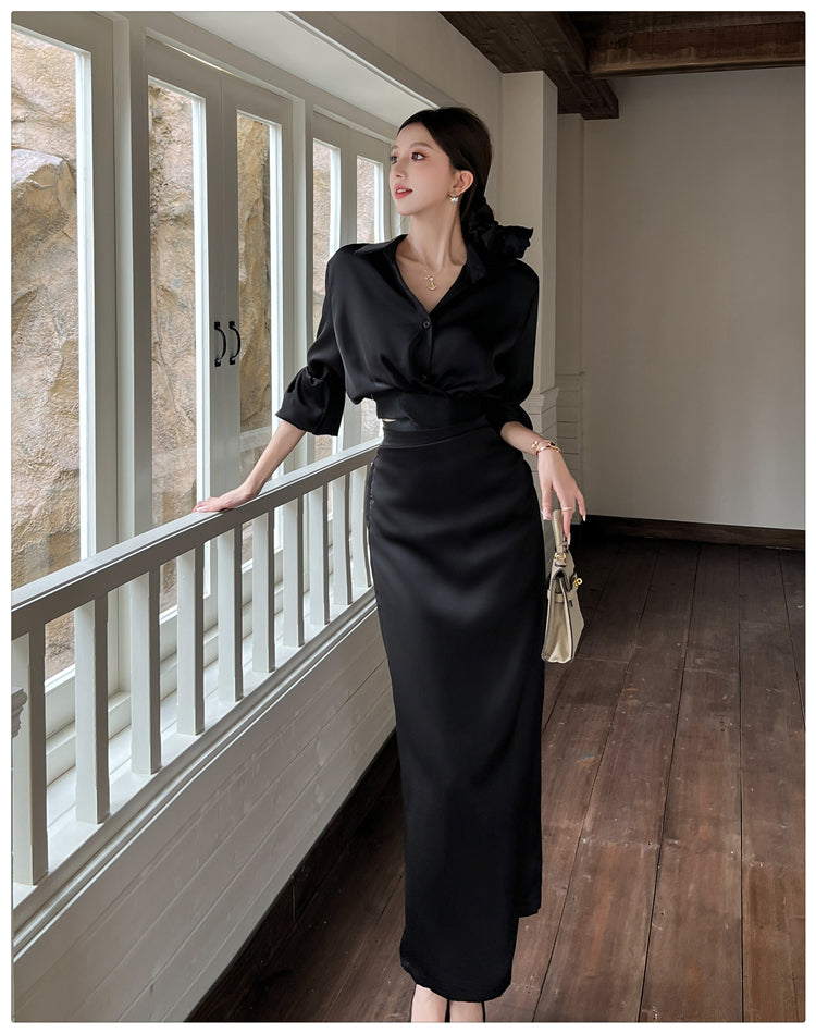 Black High Waisted Satin Skirt and Blouse Set