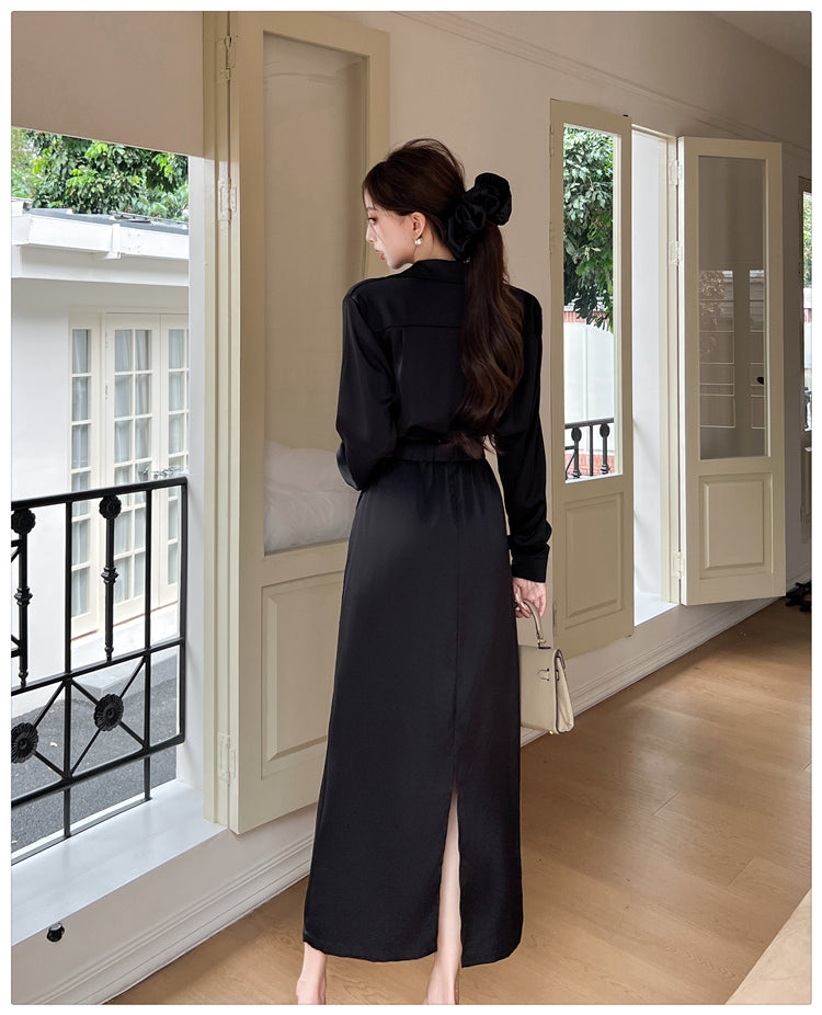 Black High Waisted Satin Skirt and Blouse Set
