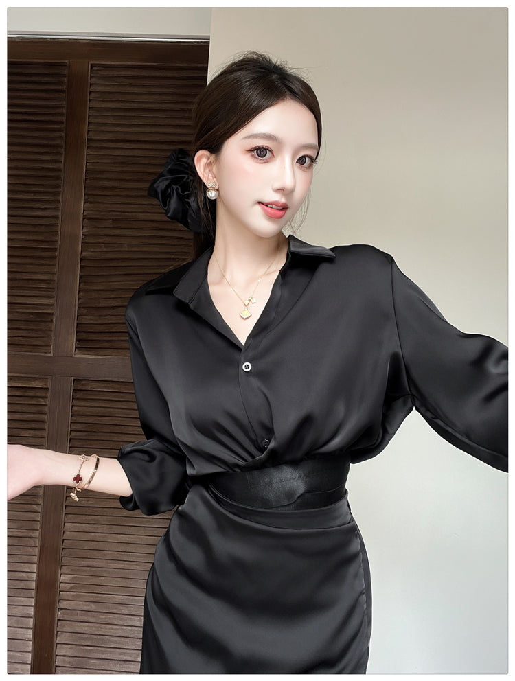 Black High Waisted Satin Skirt and Blouse Set