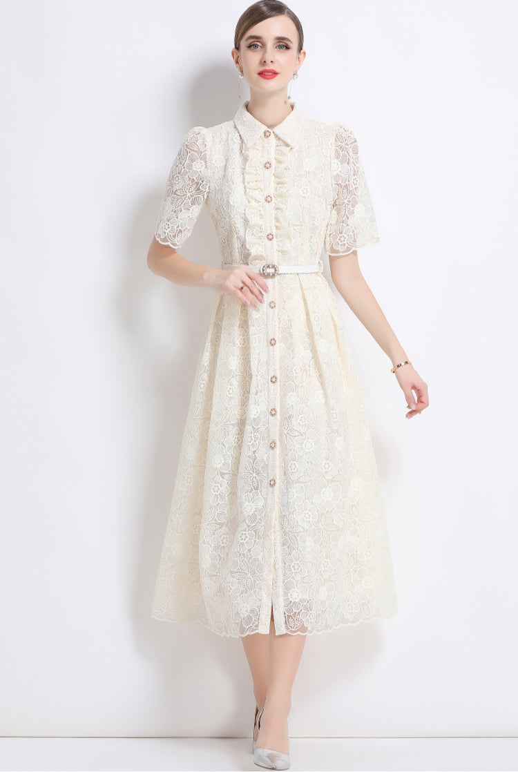 Women's Apricot Lace Shirt Dress with Belt - Elegant A-Line Midi Dress