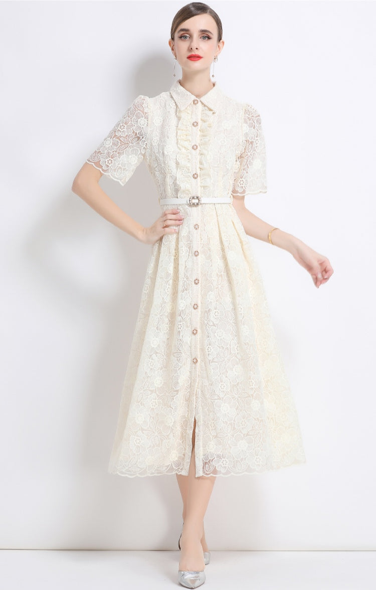 Women's Apricot Lace Shirt Dress with Belt - Elegant A-Line Midi Dress