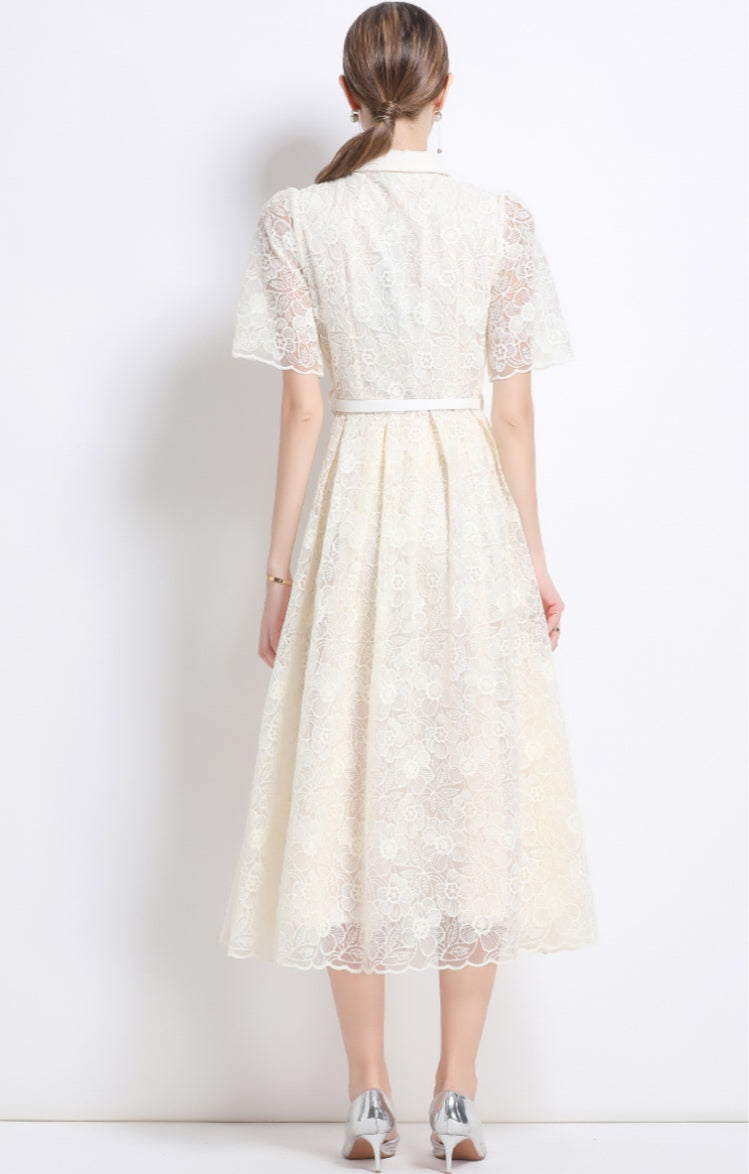 Women's Apricot Lace Shirt Dress with Belt - Elegant A-Line Midi Dress