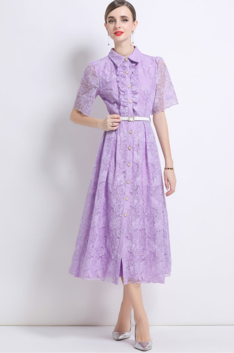 Women's Purple Lace Shirt Dress with Belt - Elegant A-Line Midi Dress