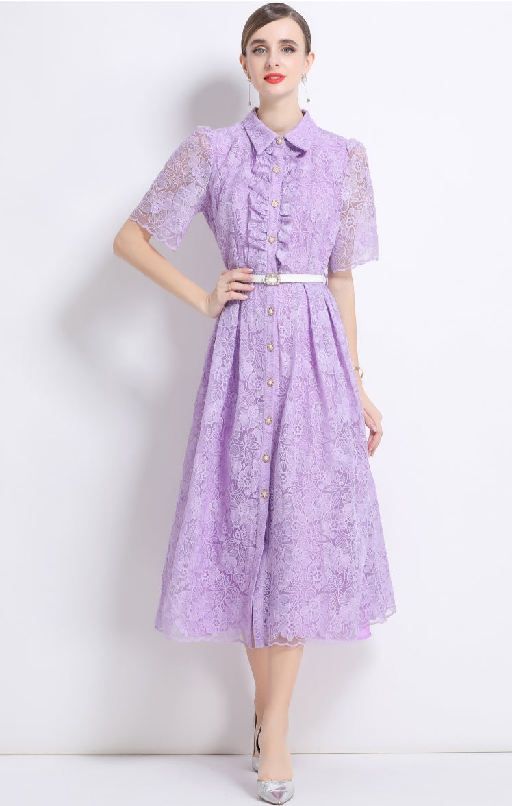 Women's Purple Lace Shirt Dress with Belt - Elegant A-Line Midi Dress