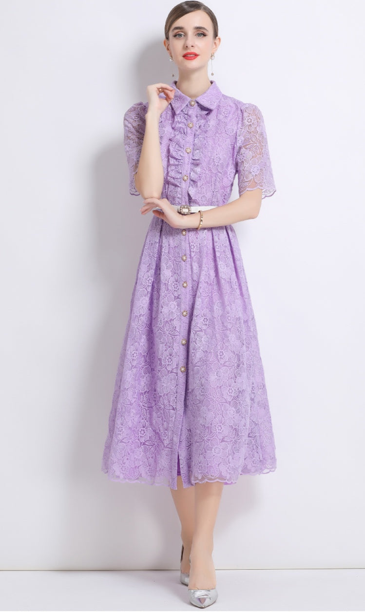 Women's Purple Lace Shirt Dress with Belt - Elegant A-Line Midi Dress