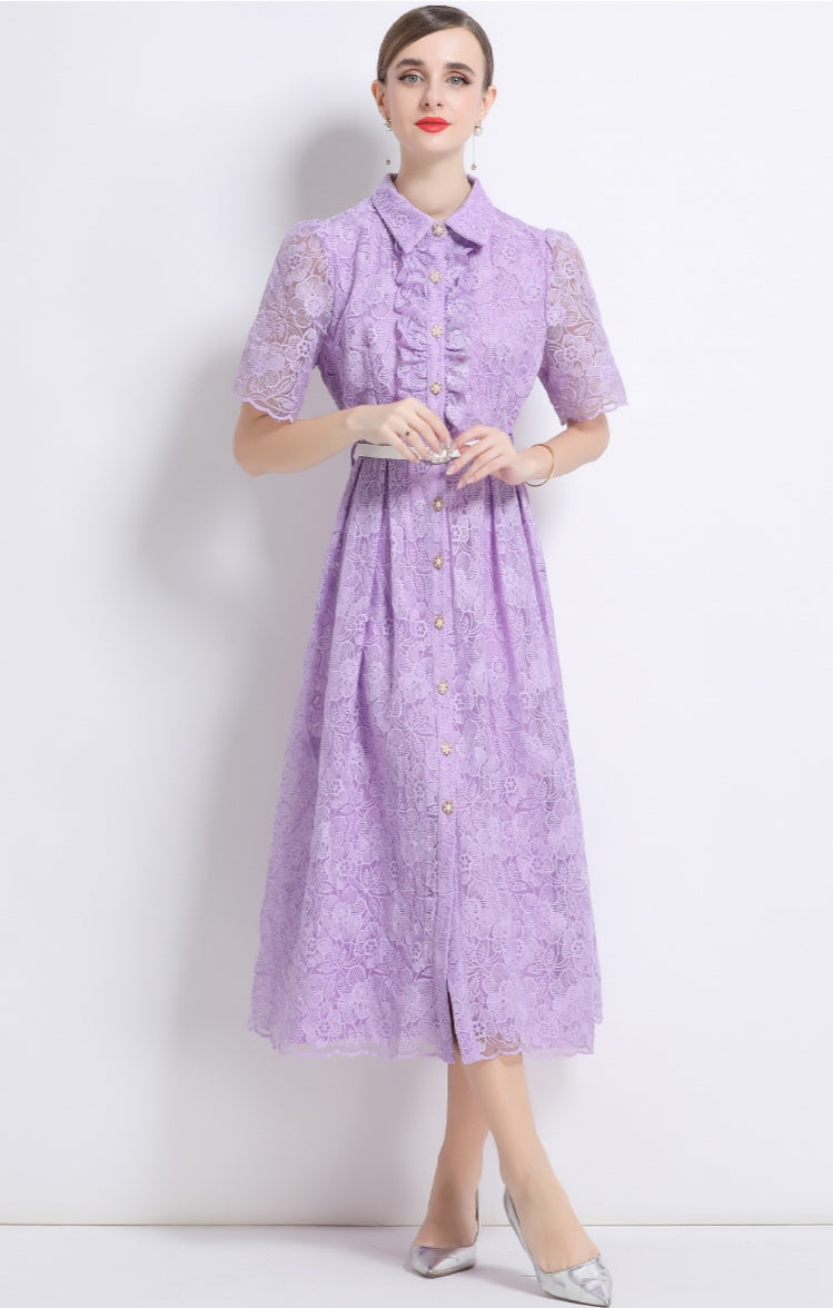 Women's Purple Lace Shirt Dress with Belt - Elegant A-Line Midi Dress