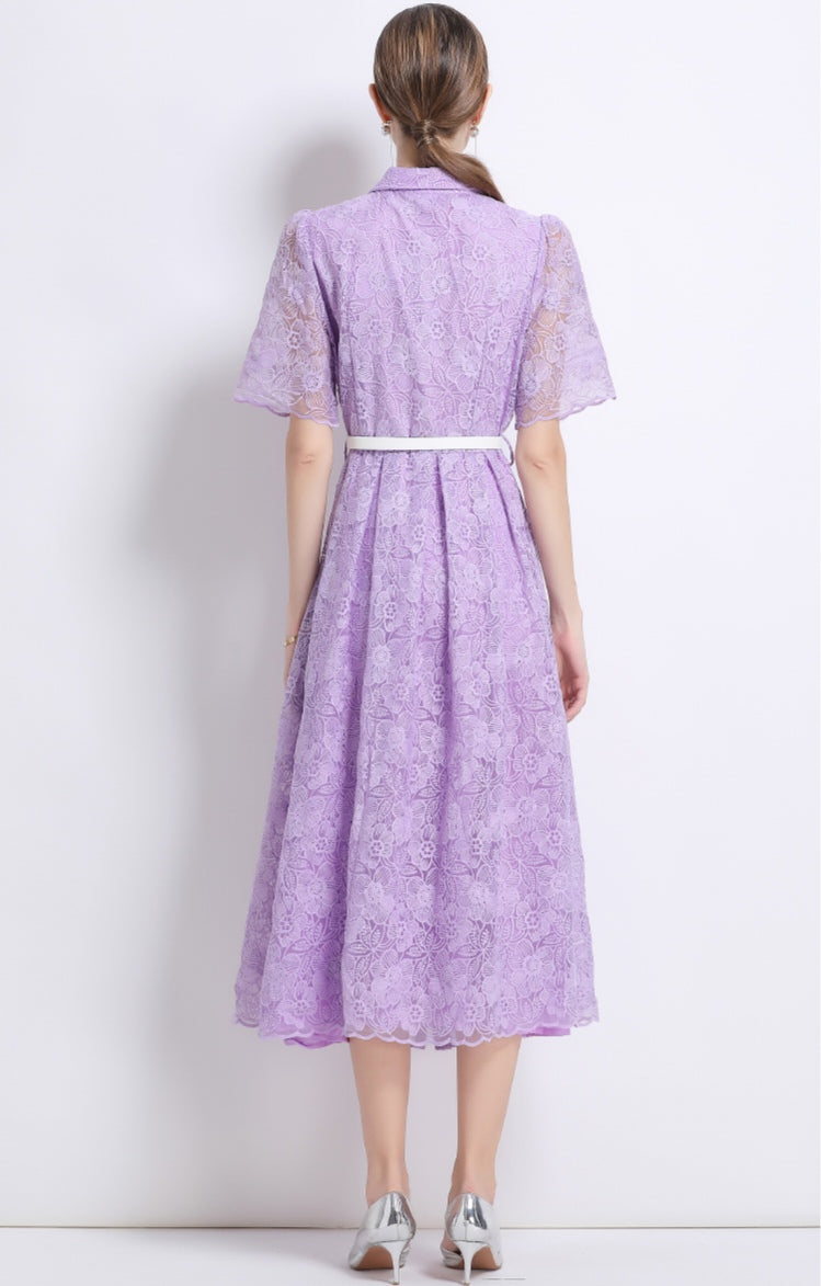 Women's Purple Lace Shirt Dress with Belt - Elegant A-Line Midi Dress