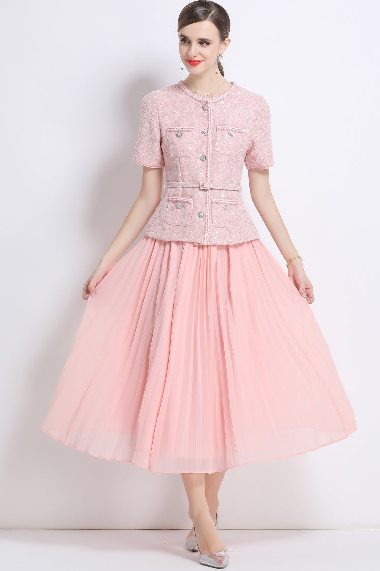 Pink Sequin Tweed Peplum Midi Dress