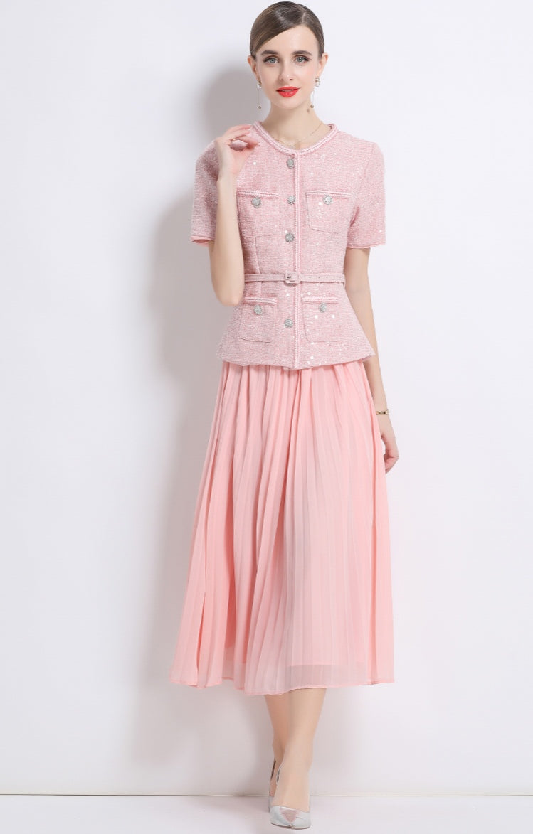 Pink Sequin Tweed Peplum Midi Dress