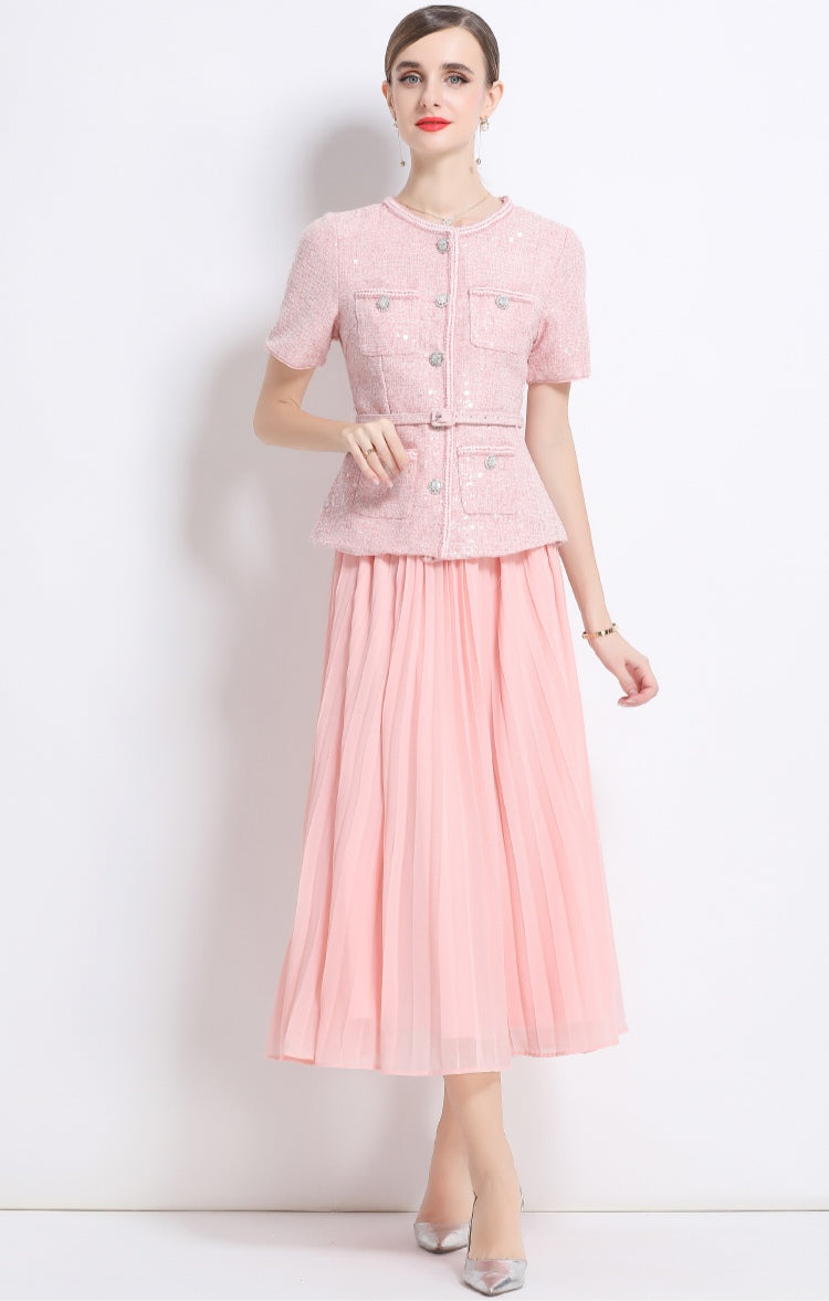 Pink Sequin Tweed Peplum Midi Dress