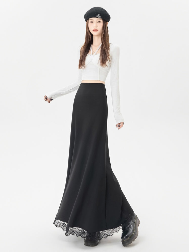 Lace Stitching Black Skirt