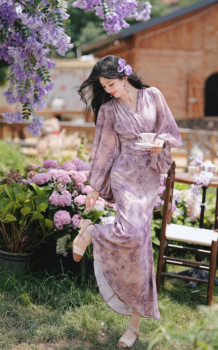 Lavender Floral Print Chiffon Maxi Dress