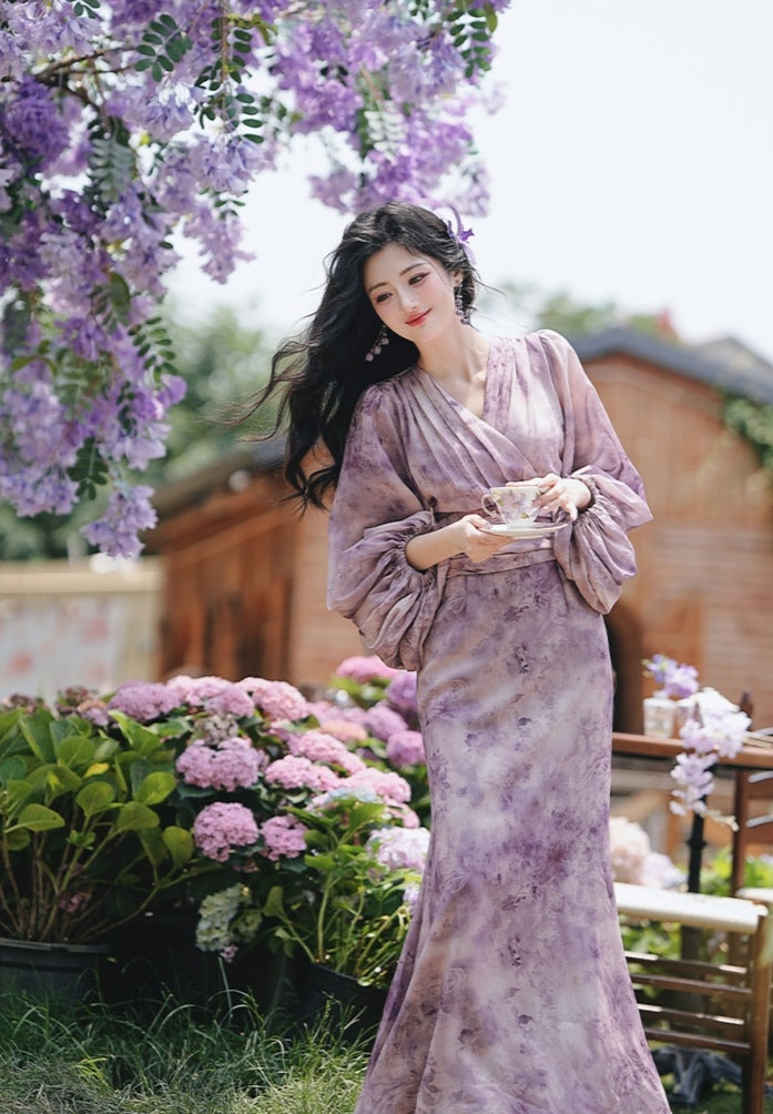 Lavender Floral Print Chiffon Maxi Dress