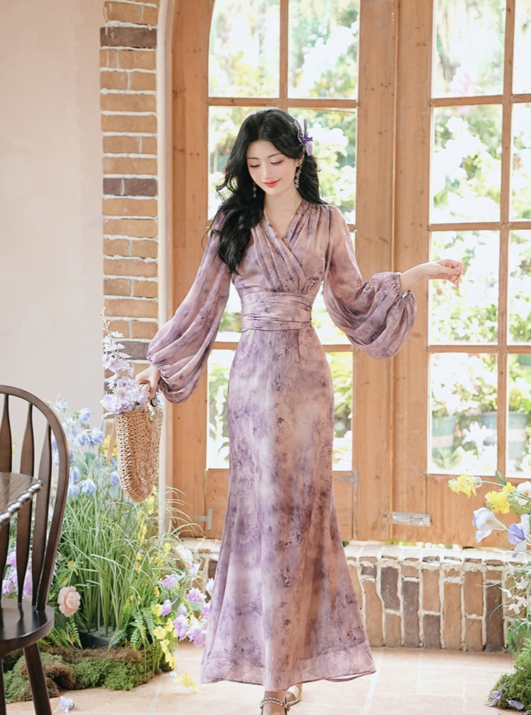 Lavender Floral Print Chiffon Maxi Dress