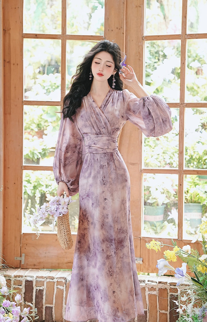 Lavender Floral Print Chiffon Maxi Dress