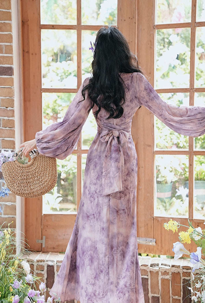 Lavender Floral Print Chiffon Maxi Dress